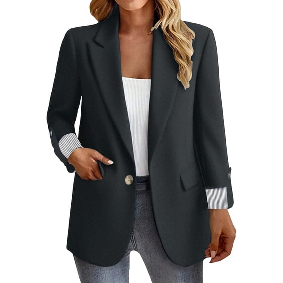 Holzkary Blazers for Women Casual Oversized Open Front 3/4 Sleeve Jackets Work Office Business Suit Blazer 2025 Women's Button Business Slim Fit Three Quarter Sleeve Rolled Edge Dark Grey 3Xl
