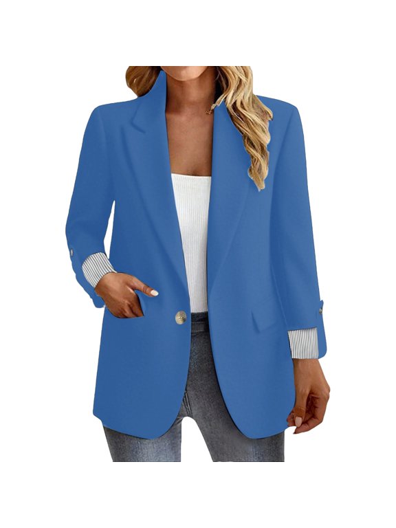 Blazers for Women Casual Oversized Open Front 3/4 Sleeve Jackets Work Office Business Suit Blazer 2025 Women's Fashion Casual Button Business Slim Fit Three Quarter Sleeve Rolled Edge Blue L