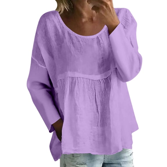 Holzkary Boho Peasant Tops for Women Gauze Cotton 3/4 Sleeve Loose Fit Floral Embroidered Blouses Grandmas Chic Clothing New Solid Color Loose Large Size Long Sleeved T Shirt Purple L