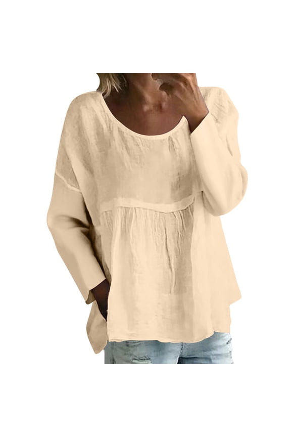 Boho Peasant Tops for Women Gauze Cotton 3/4 Sleeve Loose Fit Floral Embroidered Blouses Grandmas Chic Clothing New Solid Color Loose Large Size Long Sleeved T Shirt Beige L