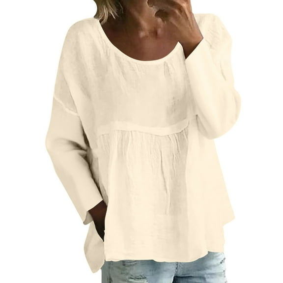 Holzkary Boho Peasant Tops for Women Gauze Cotton 3/4 Sleeve Loose Fit Floral Embroidered Blouses Grandmas Chic Clothing New Solid Color Loose Large Size Long Sleeved T Shirt Khaki Xxl