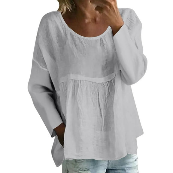 Holzkary Boho Peasant Tops for Women Gauze Cotton 3/4 Sleeve Loose Fit Floral Embroidered Blouses Grandmas Chic Clothing New Solid Color Loose Large Size Long Sleeved T Shirt Grey L
