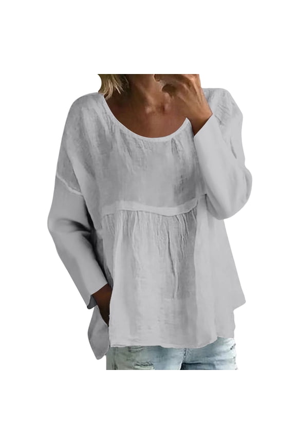 Boho Peasant Tops for Women Gauze Cotton 3/4 Sleeve Loose Fit Floral Embroidered Blouses Grandmas Chic Clothing New Solid Color Loose Large Size Long Sleeved T Shirt Grey L