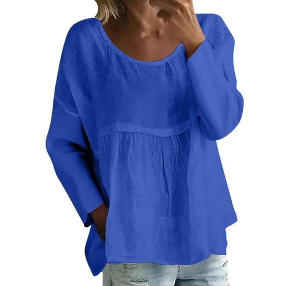 Holzkary Boho Peasant Tops for Women Gauze Cotton 3/4 Sleeve Loose Fit Floral Embroidered Blouses Grandmas Chic Clothing New Solid Color Loose Large Size Long Sleeved T Shirt Blue S