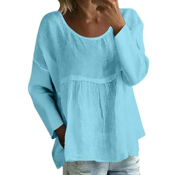 Holzkary Boho Peasant Tops for Women Gauze Cotton 3/4 Sleeve Loose Fit Floral Embroidered Blouses Grandmas Chic Clothing New Solid Color Loose Large Size Long Sleeved T Shirt Light Blue M