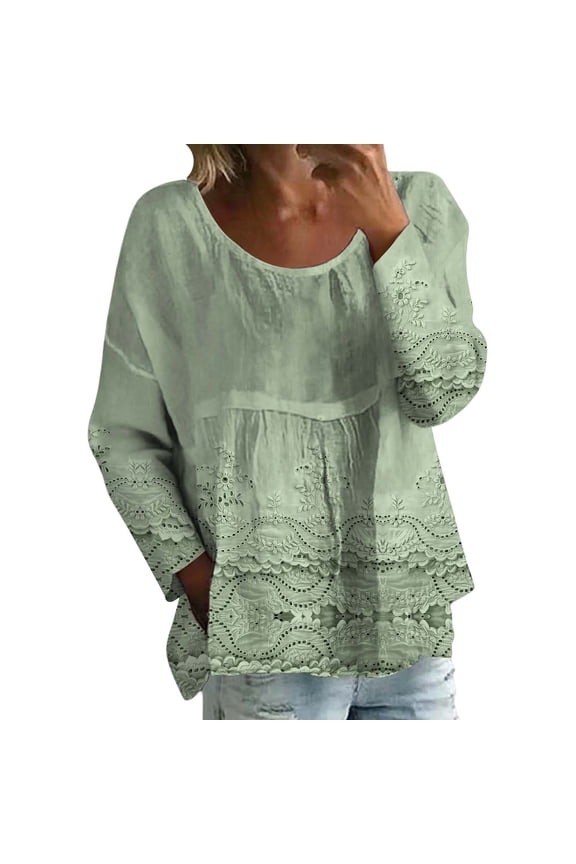 Boho Tops for Women Floral Embroidered Lace Patchwork Half Sleeve Crewneck Shirt Vintage Casual Peasant Blouse New Solid Color Loose Large Size Long Sleeved T Shirt Green M