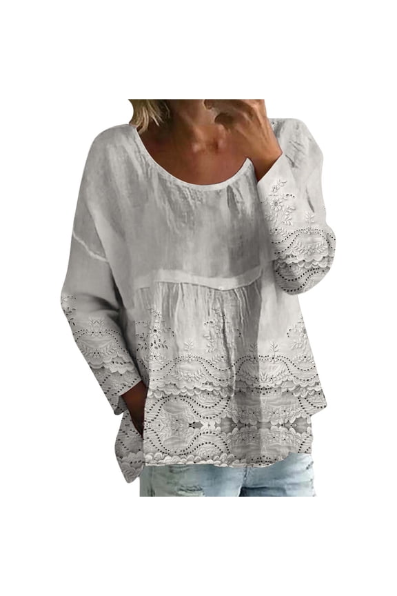 Boho Tops for Women Floral Embroidered Lace Patchwork Half Sleeve Crewneck Shirt Vintage Casual Peasant Blouse New Solid Color Loose Large Size Long Sleeved T Shirt White S