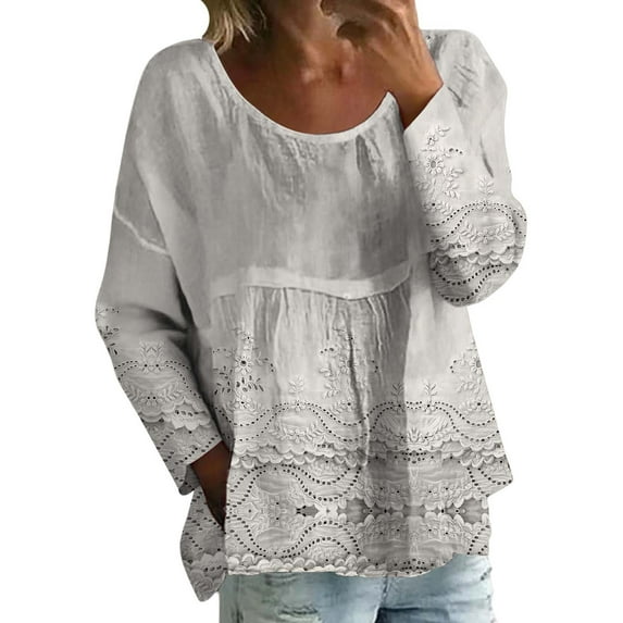 Holzkary Boho Tops for Women Floral Embroidered Lace Patchwork Half Sleeve Crewneck Shirt Vintage Casual Peasant Blouse New Solid Color Loose Large Size Long Sleeved T Shirt White S