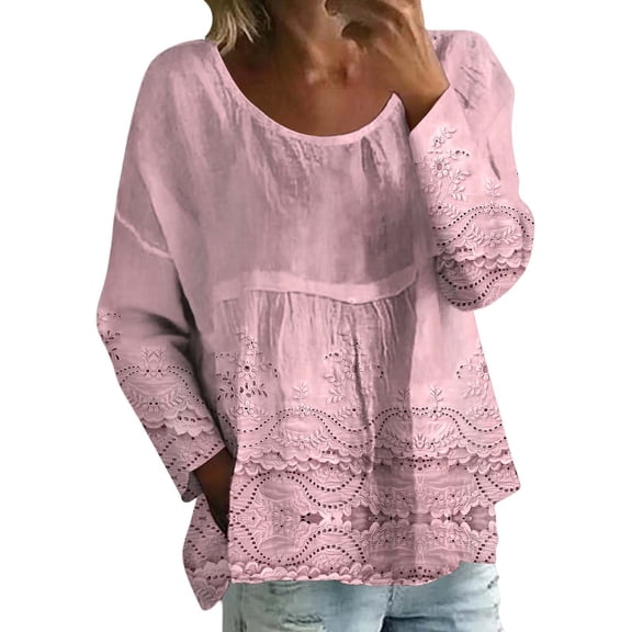 Holzkary Boho Tops for Women Floral Embroidered Lace Patchwork Half Sleeve Crewneck Shirt Vintage Casual Peasant Blouse New Solid Color Loose Large Size Long Sleeved T Shirt Pink 3Xl