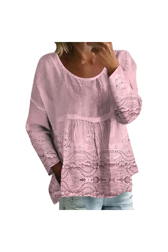 Boho Tops for Women Floral Embroidered Lace Patchwork Half Sleeve Crewneck Shirt Vintage Casual Peasant Blouse New Solid Color Loose Large Size Long Sleeved T Shirt Pink 3Xl