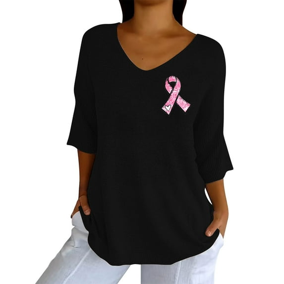 Holzkary Breast Cancer Shirts for Women Cute Short Sleeve Pink Printed Shirt Breast Cancer Awareness Tshirt Blouse 3/4 Sleeve Tops for Women Awareness Print Shirt V Neck T Shirt Black Xxl