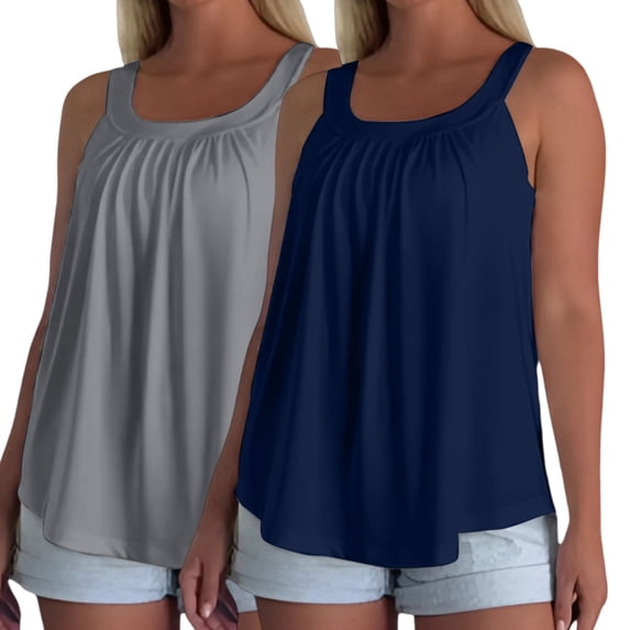 Holzkary Built in Bra Tank Tops for Women Padded Tank Tops Shelf Bra Tank Pleated Long Flowy Tank Tops Workout Tops 2026 Trendy Wide Strap Basic Tee Going Out Tops Ribbed Cropped Tops Grey Blue S