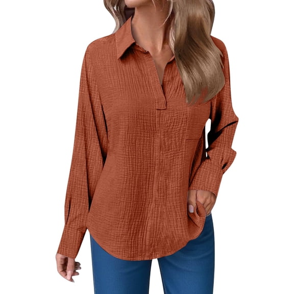 Holzkary Button Down Shirt for Women Basic Work Office Blouse Casual Loose Long Sleeve Tops Women's Lapel Long Sleeve V Neck T Shirt Daily Elegant Top Brick Red S