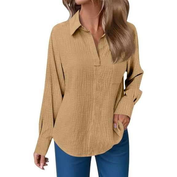 Holzkary Button Down Shirt for Women Basic Work Office Blouse Casual Loose Long Sleeve Tops Women's Lapel Long Sleeve V Neck T Shirt Daily Elegant Top Khaki S