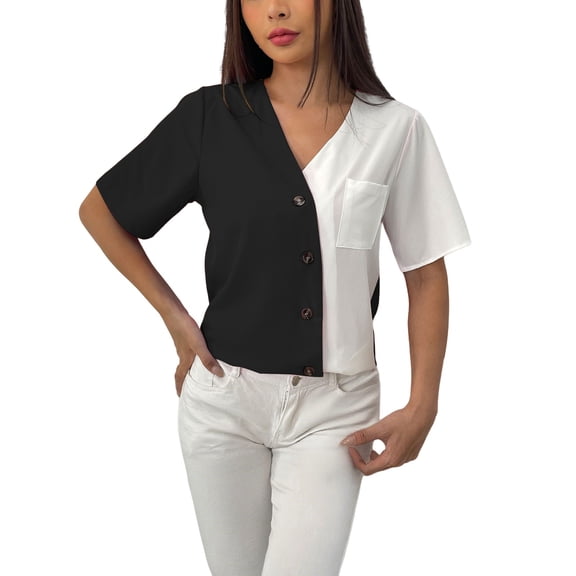 Holzkary Button Down Shirt for Women V Neck Color Block Blouse Casual Short Sleeve Tops with Pocket Women's V Neck Fashionable Casual Short Sleeved Button Off Cardigan Shirt Black M