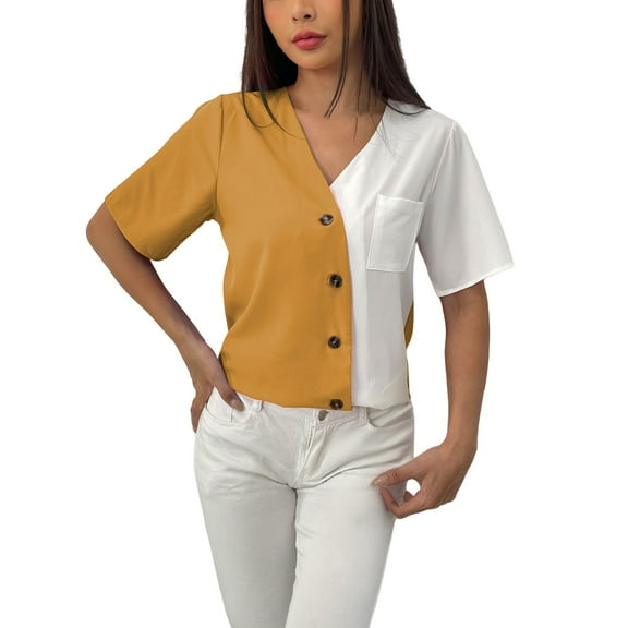 Holzkary Button Down Shirt for Women V Neck Color Block Blouse Casual Short Sleeve Tops with Pocket Women's V Neck Fashionable Casual Short Sleeved Button Off Cardigan Shirt Yellow Xxl