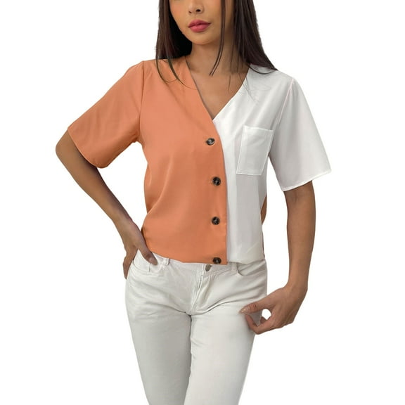 Holzkary Button Down Shirt for Women V Neck Color Block Blouse Casual Short Sleeve Tops with Pocket Women's V Neck Fashionable Casual Short Sleeved Button Off Cardigan Shirt Khaki M