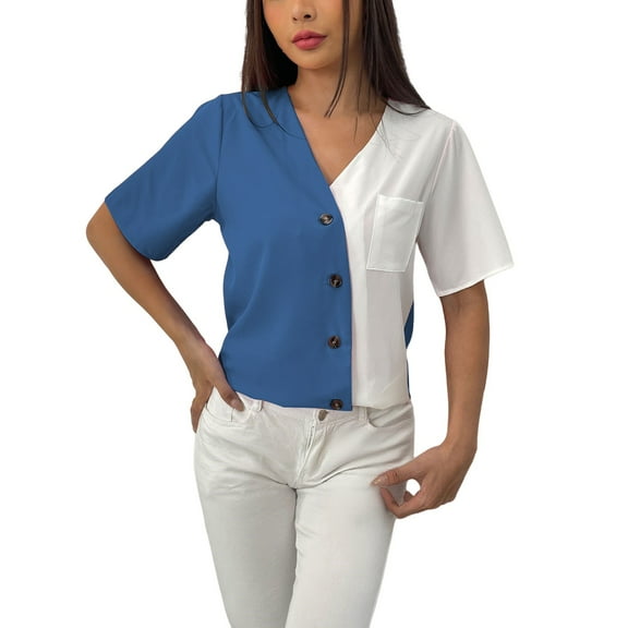 Holzkary Button Down Shirt for Women V Neck Color Block Blouse Casual Short Sleeve Tops with Pocket Women's V Neck Fashionable Casual Short Sleeved Button Off Cardigan Shirt Blue M