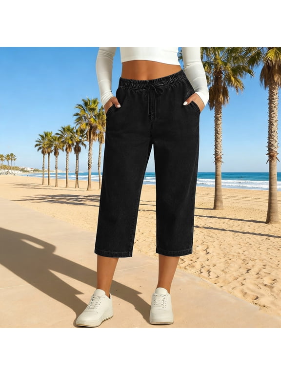 Capri Jeans for Women Drawstring High Rise Wide Leg Jeans with Pockets Summer Casual Relaxed Fit Cropped Denim Pants Black 2XL