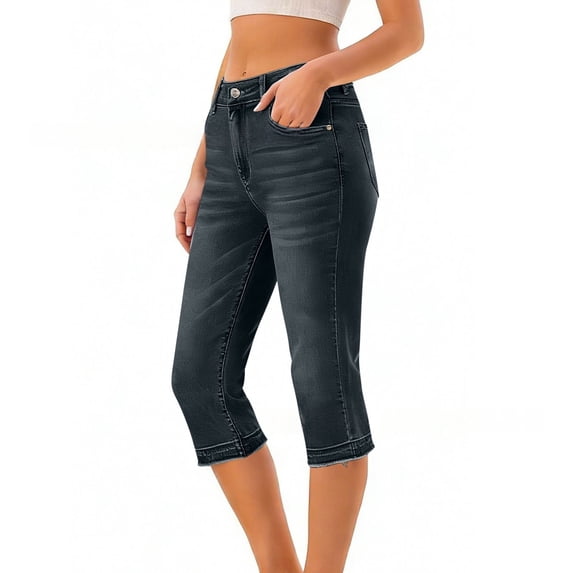 Holzkary Capri Jeans for Women Trendy Mid Rise Distressed Raw Hem Casual Summer Stretchy Denim Capris Pants Relaxed Fit Black L