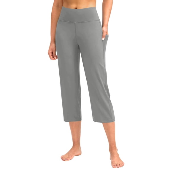 Holzkary Capri Pants for Women High Waist Wide Straight Leg Yoga Pants with Pockets Tummy Control Workout Athletic Leggings Crop Non See-Through 4-Way Stretchy for Summer Grey Xxl