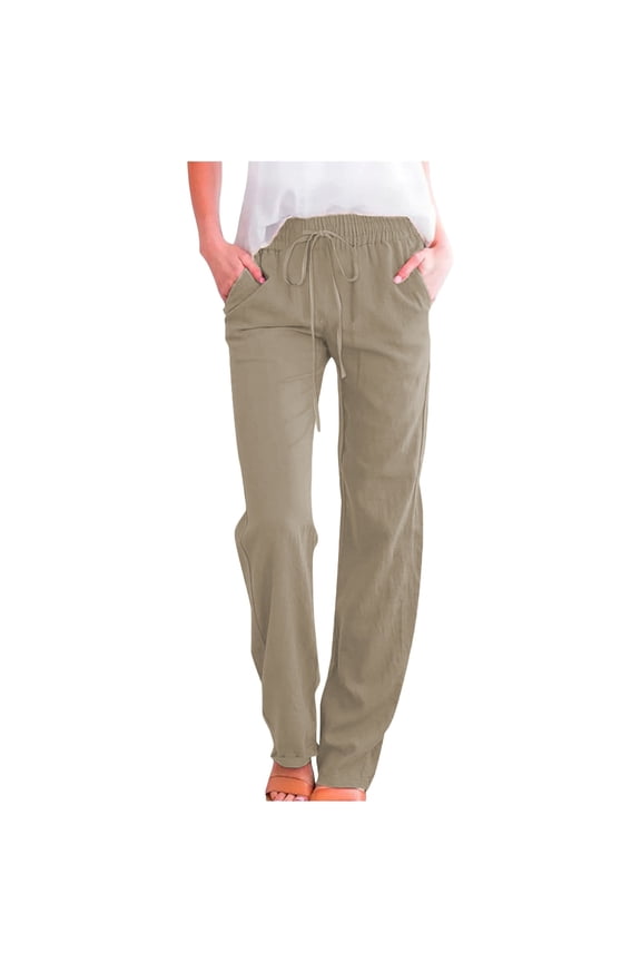 Casual Linen Pants for Women Lounge Trousers Dress Pants Straight Leg Pants Loose Pants Summer Pants for Women Baggy Trousers Solid Color Slacks Elastic Waist Trousers Khaki S