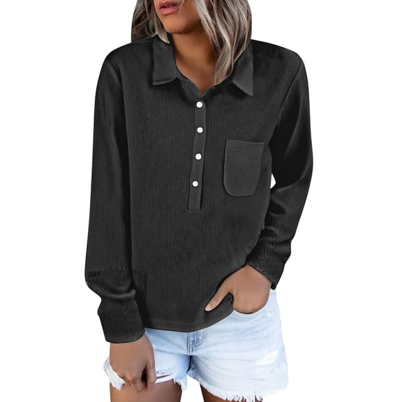 Holzkary Casual Shirts for Women Long Sleeve Button Down Blouses Fall 2025 Solid Color Trendy Tops with Pocket Autumn Solid Color Knitted Stand Collar Half Button Top Hatless Sweatshirt Black L