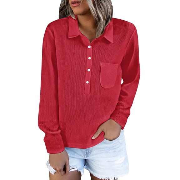 Holzkary Casual Shirts for Women Long Sleeve Button Down Blouses Fall 2025 Solid Color Trendy Tops with Pocket Autumn Solid Color Knitted Stand Collar Half Button Top Hatless Sweatshirt Red Xxl