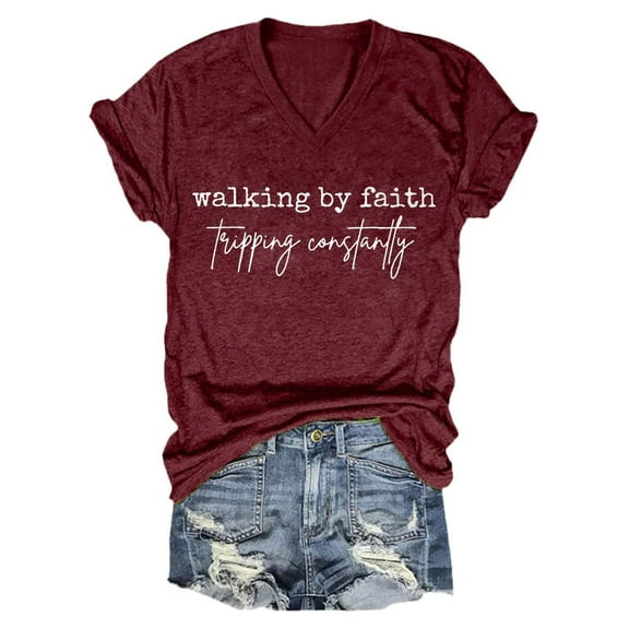 Holzkary Christian Shirts for Women Funny Christian Faith Bible T-Shirt Unisex Casual Basic T-Shirts Blouses Women's Walking By Faith Tripping Constantly Print T Shirt Casual V Neck T Shirt Wine Xl