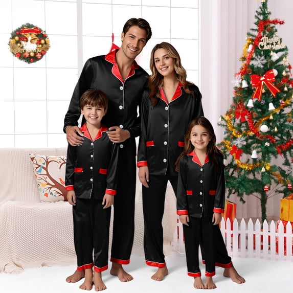 Holzkary Christmas Matching Family Satin Pajama Set,Contrast Trim Lapel Button Down Long Sleeve Top & Long Pants Jammies Set,2-Piece Soft Loungewear Family Xmas Holiday Nightwear Black L