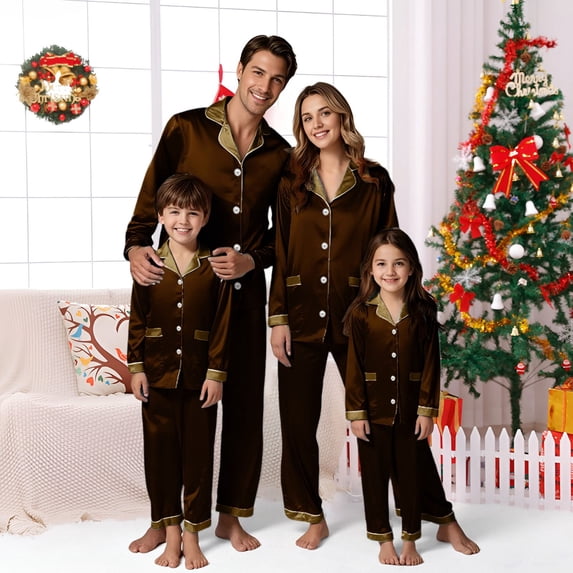 Holzkary Christmas Matching Family Satin Pajama Set,Contrast Trim Lapel Button Down Long Sleeve Top & Long Pants Jammies Set,2-Piece Soft Loungewear Family Xmas Holiday Nightwear Brown S