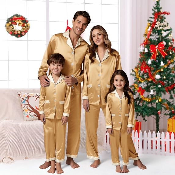 Holzkary Christmas Matching Family Satin Pajama Set,Contrast Trim Lapel Button Down Long Sleeve Top & Long Pants Jammies Set,2-Piece Soft Loungewear Family Xmas Holiday Nightwear Khaki L