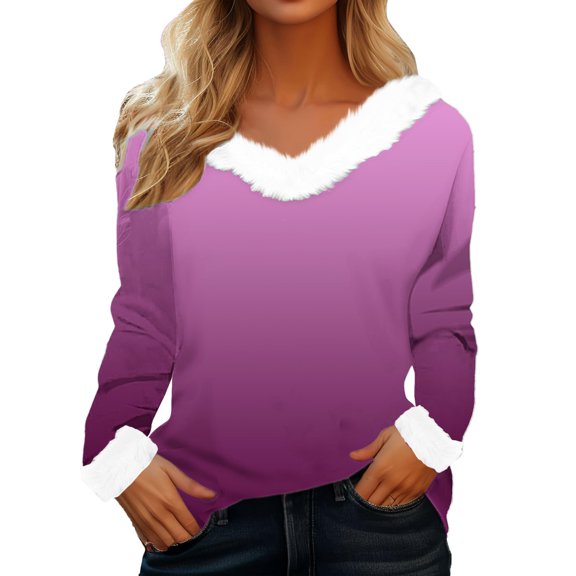 Holzkary Christmas Tops for Women Fluffy Furry V Neck Cute Shirts Long Sleeve Tunic Dressy Fall Winter Loose Fit Pullover Tee Christmas Plush Collar Plush Cuffs Gradient Long Sleeved T Shirt Purple L