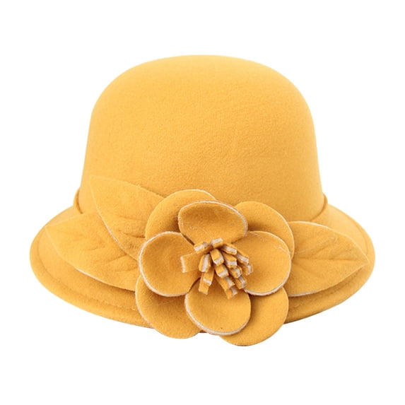 Holzkary Cloche Hat for Women,Vintage Fall Winter Felt Fedora with Floral,Short Brim Flat-Top Dress Hat for Church Tea Party and Weddings,1920S Style Bucket Hat Yellow M