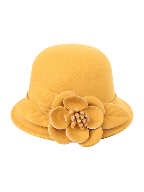 Cloche Hat for Women,Vintage Fall Winter Felt Fedora with Floral,Short Brim Flat-Top Dress Hat for Church Tea Party and Weddings,1920S Style Bucket Hat Yellow M