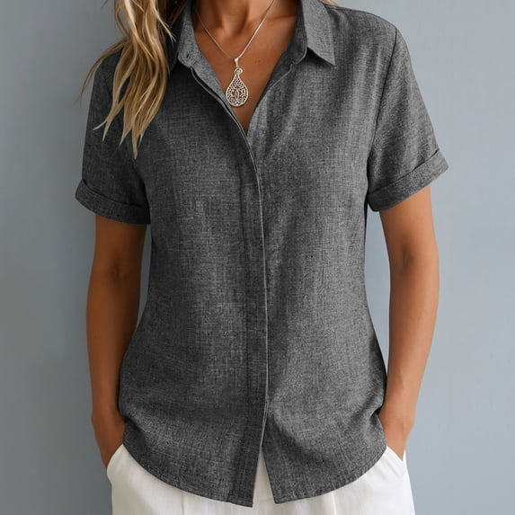 Holzkary Cotton Linen Button Down Tops for Women Rolled Cuffed Short Sleeve Hawaiian Shirt Peasant Comfy Tees Loose Fit Tops Pullover Elegent Tops Plus Size Shirt V Neck Lapel Collar Tops Flowy