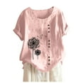 thumbnail image 1 of Holzkary Cotton Linen Dandelion Shirts for Women Summer Beach Short Sleeve Casual Loose Comfy Boho Gauze Blouses Tunic Tops Cotton Linen Shirts Summer Blouse Oversized Loose Ladies Tops Pink S, 1 of 6