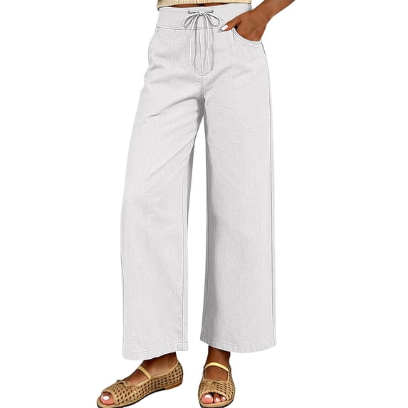 Holzkary Cotton Linen Pants for Women Ankle Pants with Pockets Cotton Gauze Pants for Women Elastic Waist Trousers Straight Leg Pants Lounge Trousers Long Pant Comfortable Pants Dress Pants White XXL