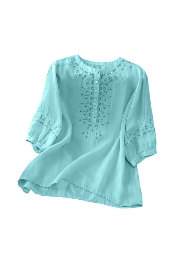 Cotton Linen Shirt for Women Loose Fit 2025 Trendy Embroidered Tops for Women Floral Cotton Linen Tunic Tshirt Tee Women 3/4 Sleeve V Neck Button Boho Ethnic Blue 3Xl