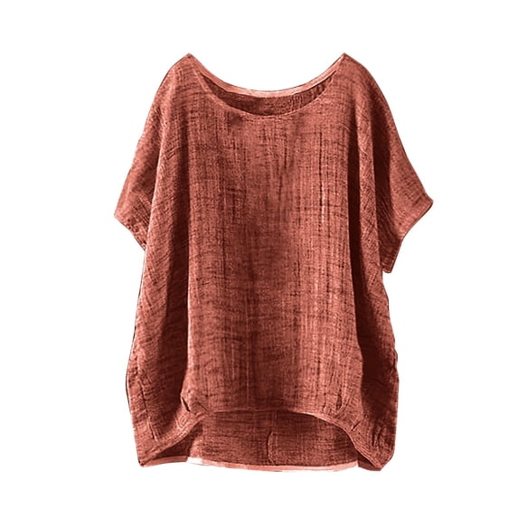 Holzkary Cotton Linen Shirt for Women Loose Fit 2025 Trendy Women's Summer Short Sleeve Solid Casual Loose Linen Top Orange M