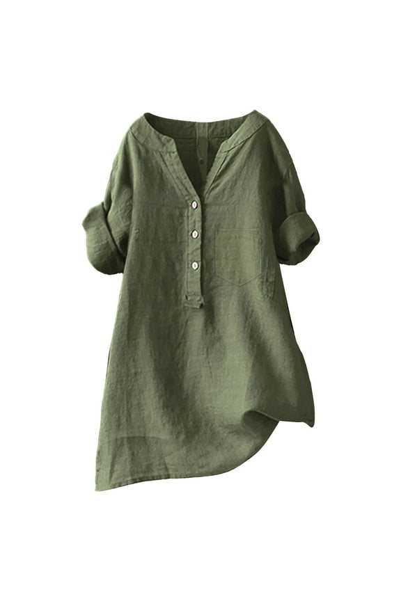 Cotton Linen Shirts for Women Cotton Linen Tops 3/4 Length Sleeve Womens Tops V Neck Button Down Blouse Loose Fit Blouses Summer Trendy Tee Shirts Casual Blouses Henley Tops Office Work Tops