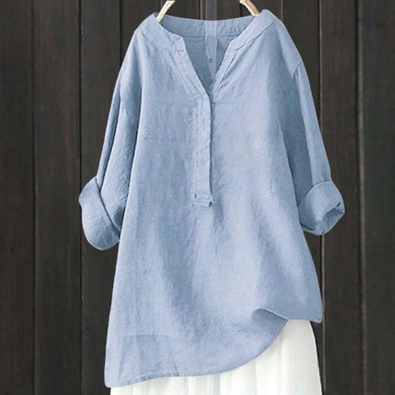 Holzkary Cotton Linen Tops for Women Roll Up Long Sleeve Shirt Boho Blouses Pullover Shirts Business Tops Spring Summer Holiday Tops Comfy Loose Fit T-Shirt Lightweight Shirt Daily T Shirts M