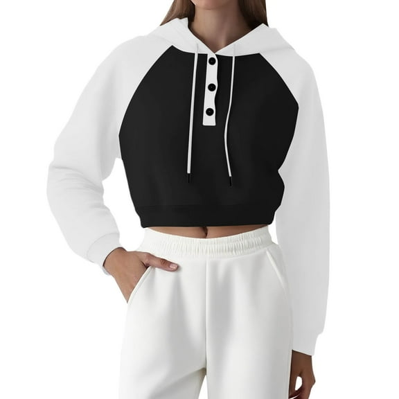 Holzkary Crop Hoodies for Womens Oversized Solid Color Sweatshirts Lapel Loose Casual Hoodie Short Sweatshirts Long Sleeve Pullover Drawstring Hooded Sweatshirts Basic Cropped Tops Black Xxl