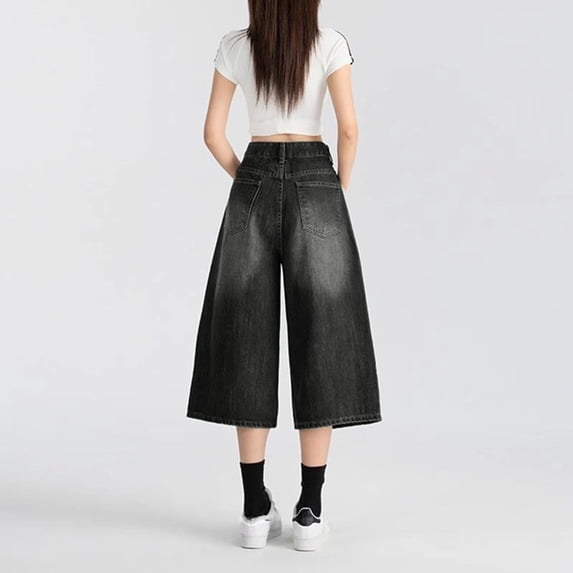 Holzkary Cropped Jeans for Women Men High Waist Wide Leg Baggy Jorts Y2K Casual Denim Capris Pants Grunge Summer Clothes. Black L