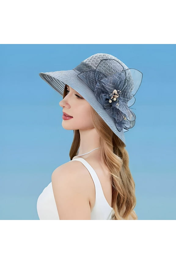 Derby Hats for Women Flower Wide Brim Sun Hat Fascinators Big Wide Brim Fedoras Sun Visor Cap Women‘S Flowers Seaside Female and Small Holiday Spring Summer Foldable Hat Grey One Size