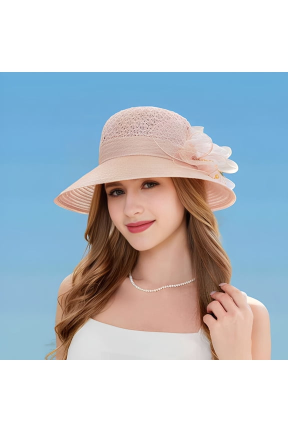 Derby Hats for Women Flower Wide Brim Sun Hat Fascinators Big Wide Brim Fedoras Sun Visor Cap Women‘S Flowers Seaside Female and Small Holiday Spring Summer Foldable Hat Pink One Size