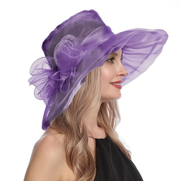 Holzkary Derby Hats for Women Flower Wide Brim Sun Hat Fascinators Big Wide Brim Fedoras Sun Visor Cap Women's Vintage Mesh Hat Floral Shade Holiday Brim Top Hat Purple One Size