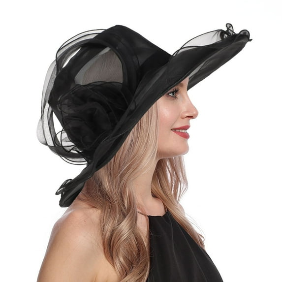 Holzkary Derby Hats for Women Flower Wide Brim Sun Hat Fascinators Big Wide Brim Fedoras Sun Visor Cap Women's Vintage Mesh Hat Floral Shade Holiday Brim Top Hat Black One Size
