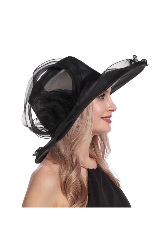 Derby Hats for Women Flower Wide Brim Sun Hat Fascinators Big Wide Brim Fedoras Sun Visor Cap Women's Vintage Mesh Hat Floral Shade Holiday Brim Top Hat Black One Size