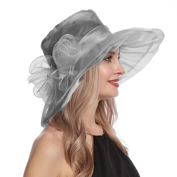 Holzkary Derby Hats for Women Flower Wide Brim Sun Hat Fascinators Big Wide Brim Fedoras Sun Visor Cap Women's Vintage Mesh Hat Floral Shade Holiday Brim Top Hat Grey One Size